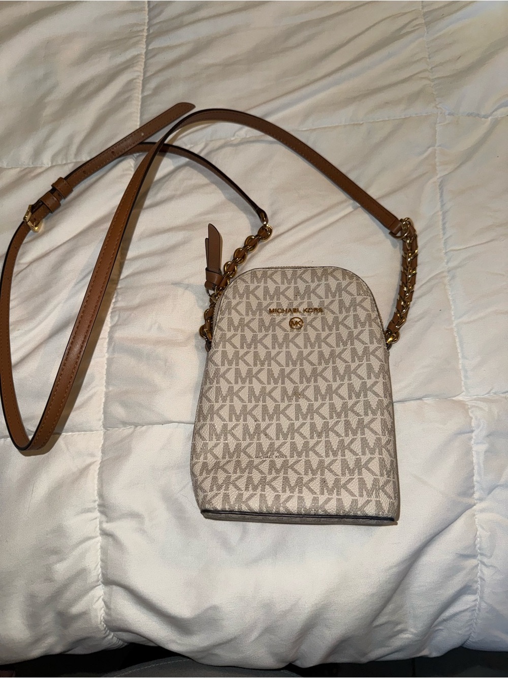 Michael Kors Beige Monogram Crossbody with Tan Leather Strap